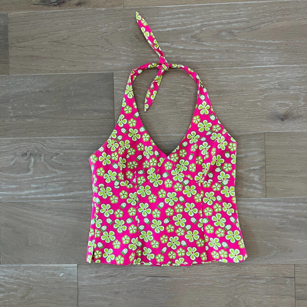 Lilly Pulitzer Pink Neon Lime Floral Halter Crop Top